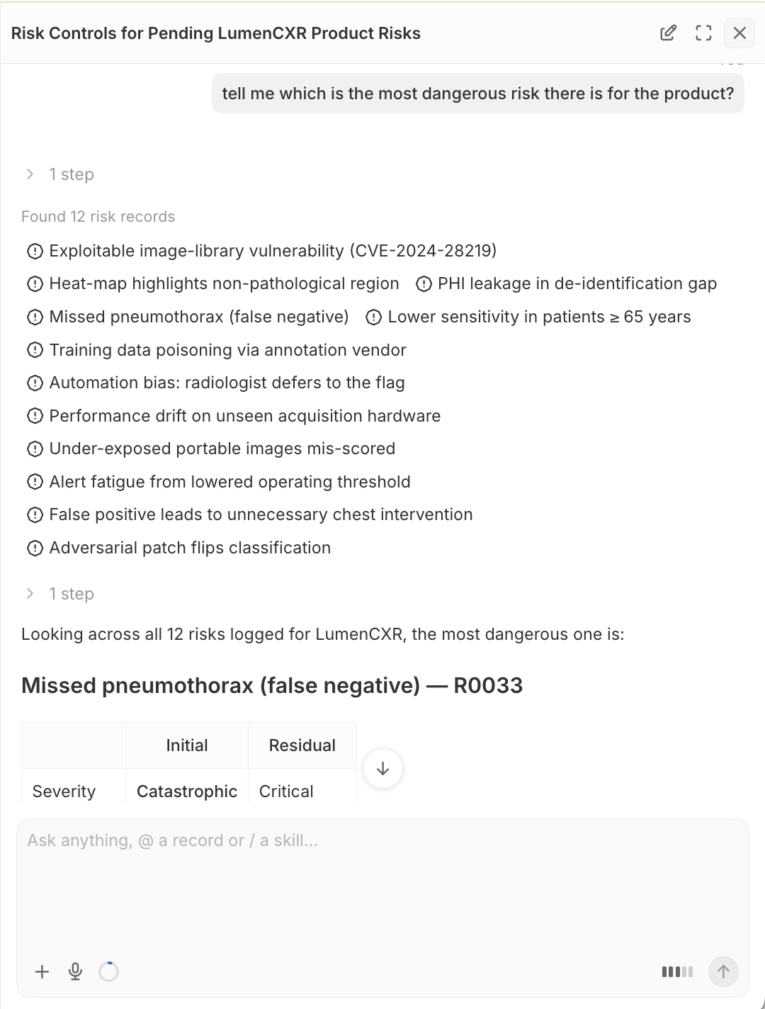 Holmes, Evidify's AI assistant, answering which is the most dangerous risk for a medical AI product, after reviewing all 12 risk records